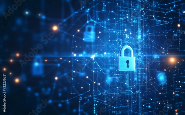 Fototapeta Cybersecurity Concept with Digital Padlock in a wired Network