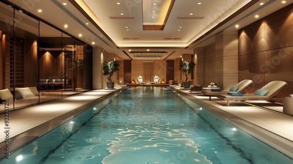 Fototapeta A luxurious indoor pool with crystal clear water and stylish sun loungers, lighting, creates a calm and luxurious atmosphere.