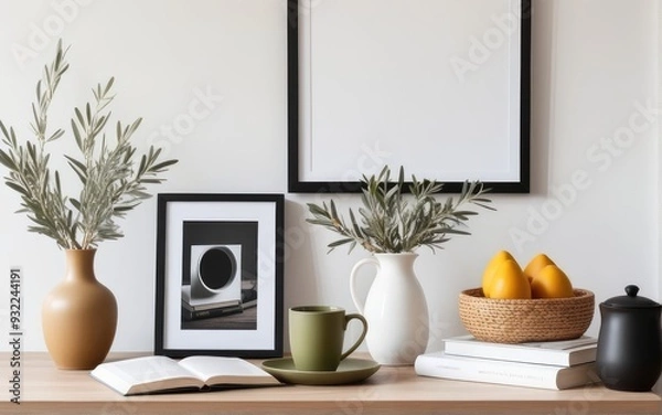 Fototapeta Breakfast still life. Cup of coffee, books and empty picture frame mockup on wooden desk, table. Vase with olive branches. Elegant working space, home office concept. Scandinavian interior design