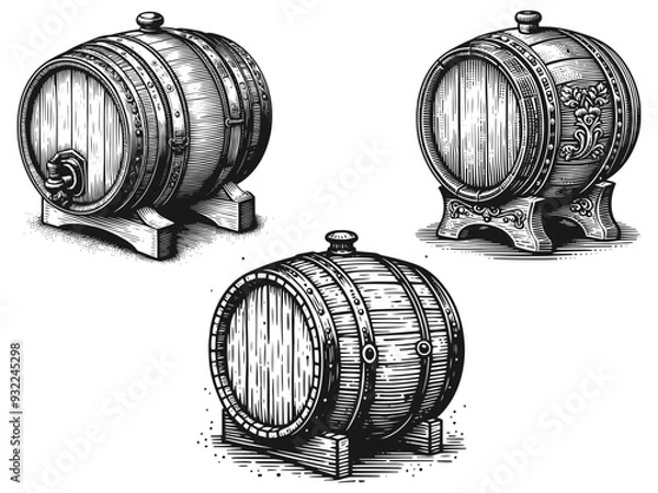 Fototapeta Set detailed illustration of wooden barrels with wheat and flowers. Vector, generative ai.
