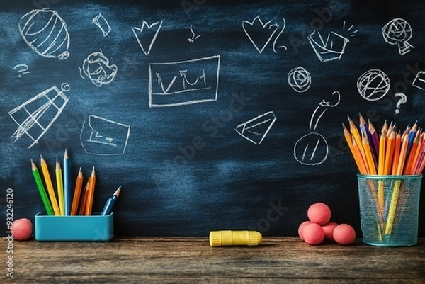 Fototapeta Education concept - empty wooden table and chalkboard background for product display