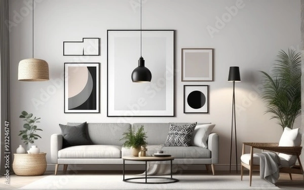 Fototapeta Mock up poster frame in scandinavian style interior. Minimalist interior design. 3D illustration