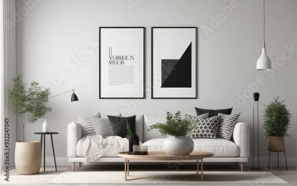 Fototapeta Mock up poster frame in scandinavian style interior. Minimalist interior design. 3D illustration