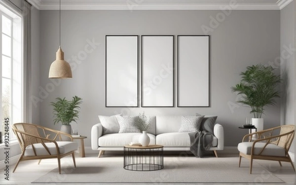 Fototapeta Mock up poster frame in scandinavian style interior. Minimalist interior design. 3D illustration