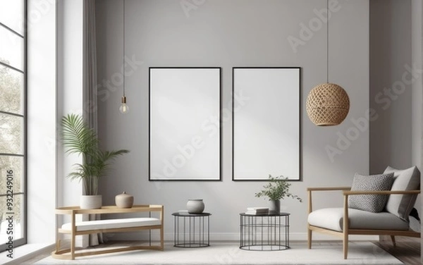 Fototapeta Mock up poster frame in scandinavian style interior. Minimalist interior design. 3D illustration