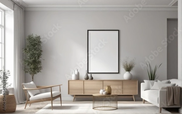 Fototapeta Mock up poster frame in scandinavian style interior. Minimalist interior design. 3D illustration