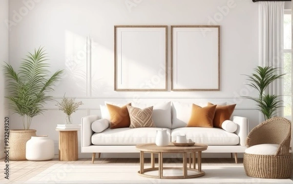 Fototapeta Frame mockup in bright living room design, white sofa in farmhouse boho interior style, 3d render