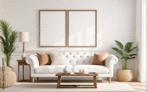 Fototapeta Frame mockup in bright living room design, white sofa in farmhouse boho interior style, 3d render