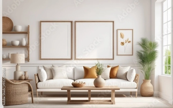 Fototapeta Frame mockup in bright living room design, white sofa in farmhouse boho interior style, 3d render