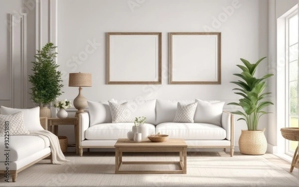 Fototapeta Frame mockup in bright living room design, white sofa in farmhouse boho interior style, 3d render