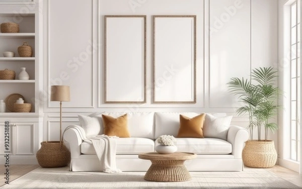 Fototapeta Frame mockup in bright living room design, white sofa in farmhouse boho interior style, 3d render