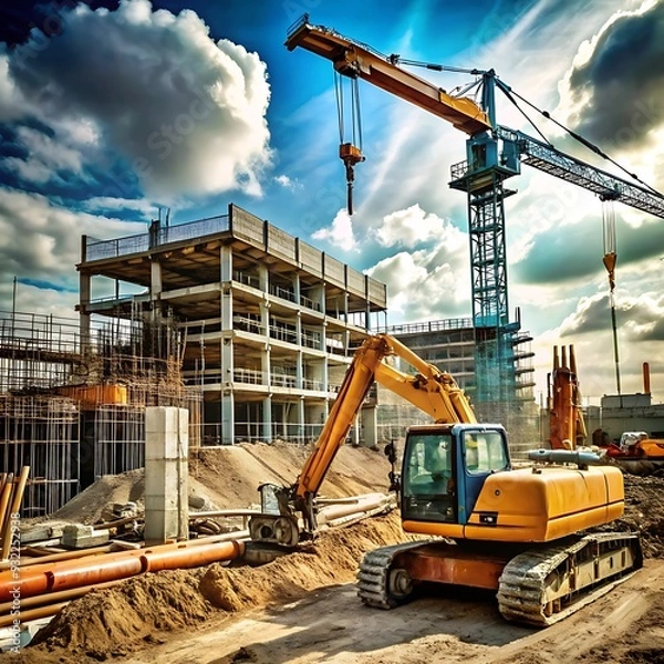 Obraz Modern Construction Site with Heavy Machinery and Tower Cranes