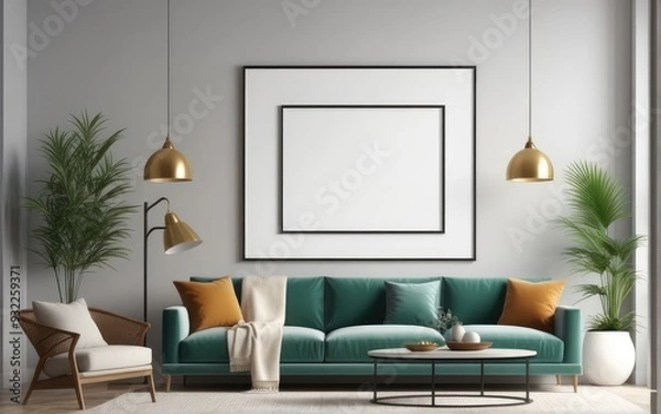 Fototapeta Mock up poster frame in home interior background, Modern style living room, 3D render