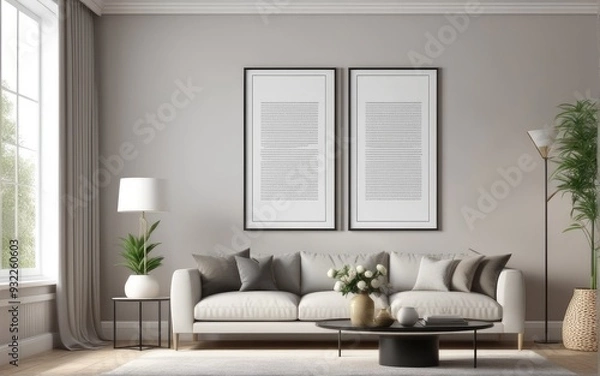 Fototapeta Mock up poster frame in home interior background, Modern style living room, 3D render