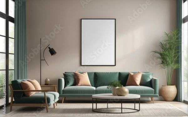 Fototapeta Mock up poster frame in home interior background, Modern style living room, 3D render