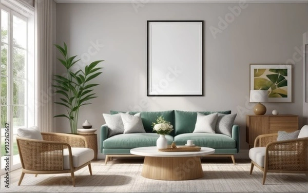 Fototapeta Mock up poster frame in home interior background, Modern style living room, 3D render