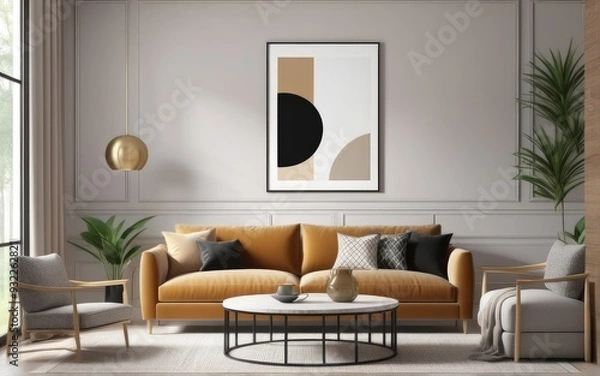 Fototapeta Mock up poster frame in home interior background, Modern style living room, 3D render