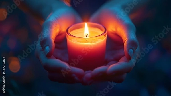 Fototapeta A close-up of a worker's hands holding a lit candle during a Labor Day vigil, with a focus on the warm light illuminating their determined expression