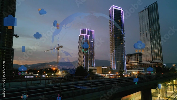 Fototapeta Cloud computing concept. Communication network. High quality photo