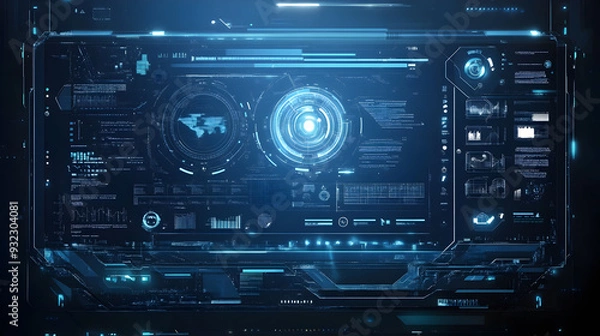 Fototapeta Futuristic user interface with glowing blue elements, graphs, and a world map.