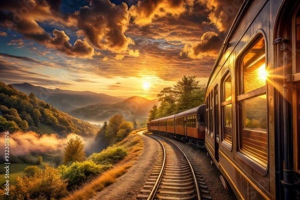 Fototapeta As the sun dips below the horizon, the train chugs along, surrounded by a warm golden glow, bathing the scenery in a sense of tranquility and wonder.