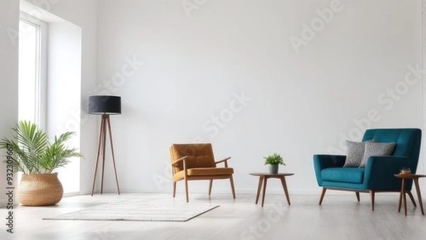 Fototapeta Interior of a bright living room with armchair on empty white wall background