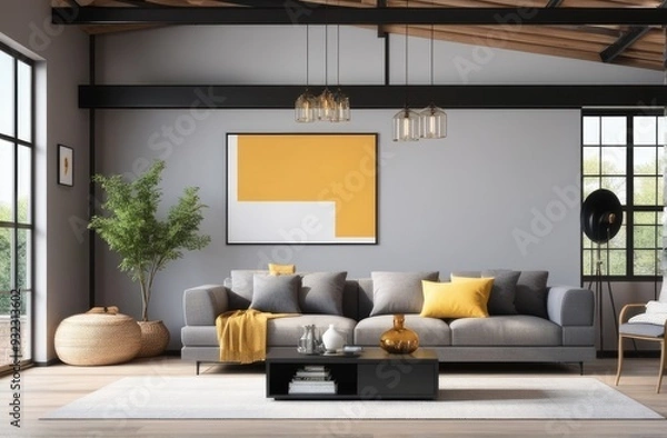 Fototapeta Loft style house with sofa and accessories in the room
