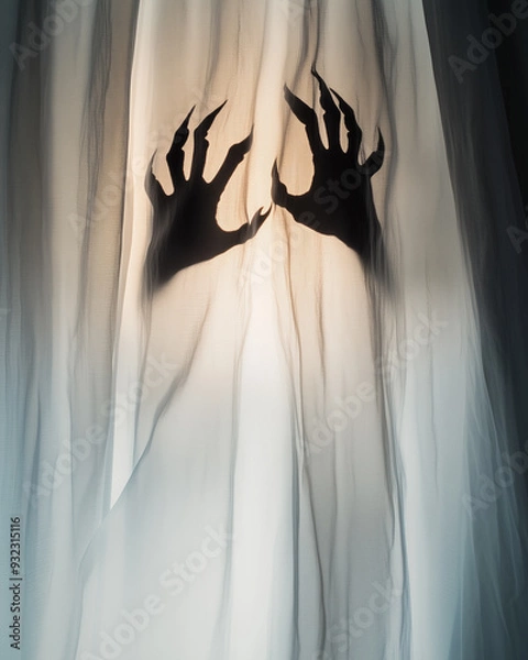 Fototapeta Dark clawed hands behind a white curtain forming a terrifying silhouette ideal for Halloween.