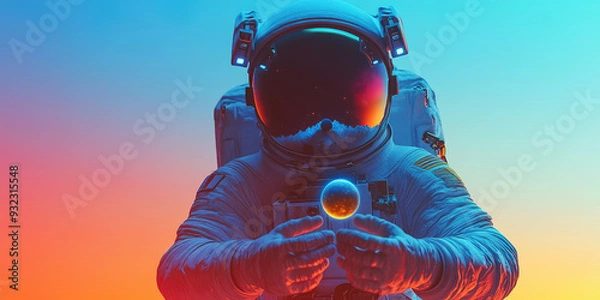 Fototapeta 3d astronaut in a spacesuit holding a small planet on a colored background with copy space