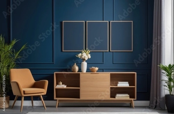 Fototapeta Mockup frame on cabinet in living room interior on empty dark blue wall background