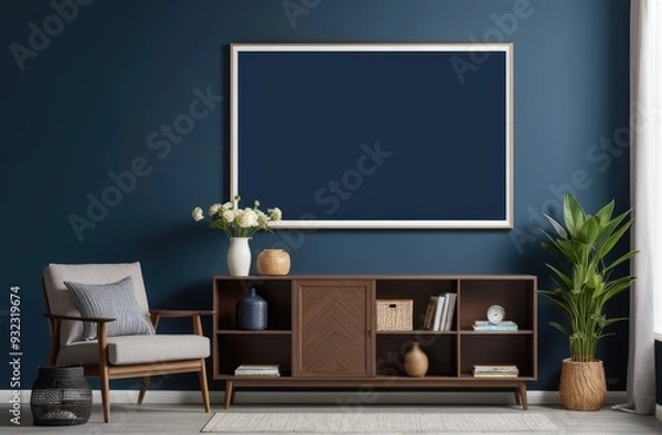 Obraz Mockup frame on cabinet in living room interior on empty dark blue wall background