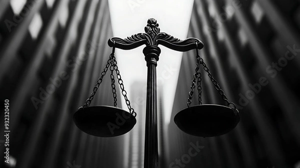 Obraz Scales of justice stand tall against a backdrop of towering buildings, symbolizing the balance of law and order.