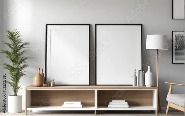 Fototapeta Mockup frame on shelf in living room interior,Scandinavian style