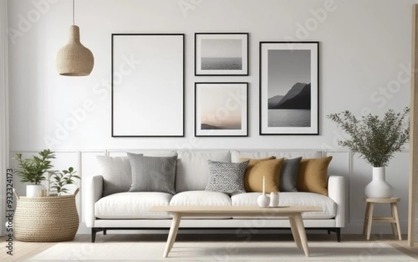 Fototapeta Mockup frame on shelf in living room interior,Scandinavian style