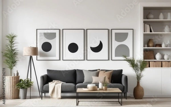 Fototapeta Mockup frame on shelf in living room interior,Scandinavian style