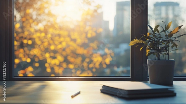 Obraz Close up of modern workplace with notepad and plant on windowsill