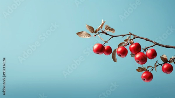 Fototapeta ripe red apples on branch against light blue background with copy space