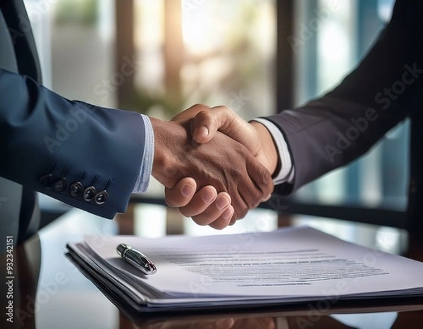 Obraz A handshake between two business professionals over a signed contract, capturing the trust a