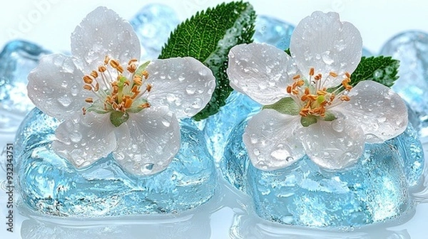 Fototapeta   Two white flowers placed on top of ice cubes, surrounded by water droplets at the base and green leaves above