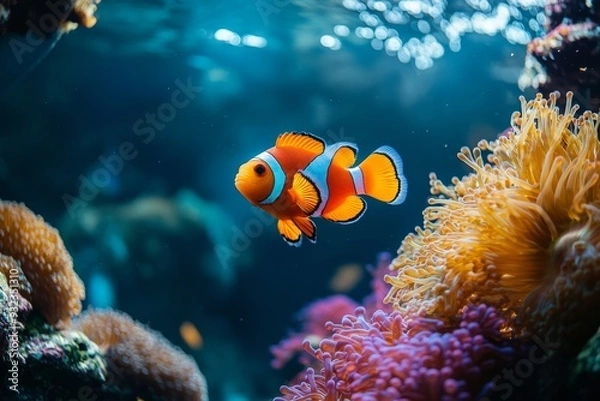 Fototapeta Bright clownfish navigate through vivid anemones in a dynamic saltwater aquarium filled with vibrant marine life
