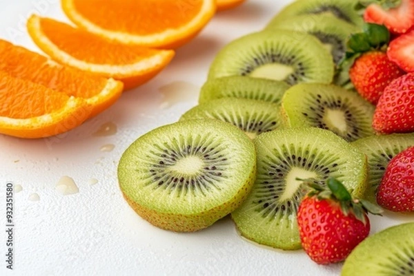 Fototapeta A vibrant fruit arrangement features fresh kiwi slices alongside juicy strawberries and orange wedges, creating a colorful and appetizing display