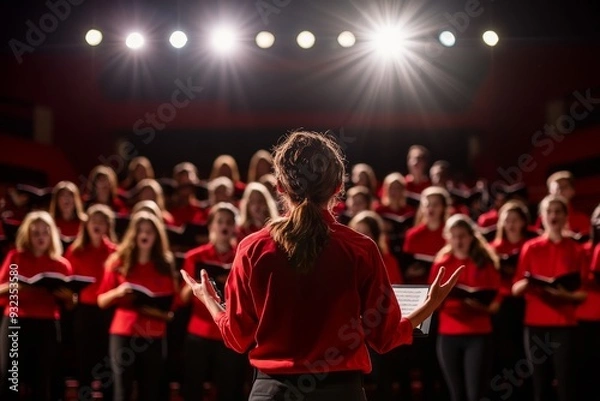 Obraz High school students enthusiastically perform in a choir, displaying energy and teamwork while showcasing their musical talents to an engaged audience
