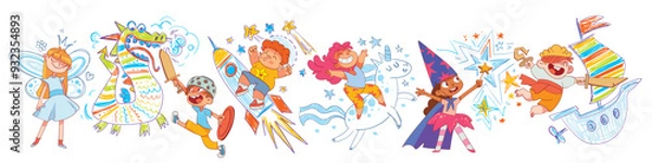 Obraz Childhood dreams and fantasies. Kids imagination. Fairy tales for children. Fantasy children's drawings on the wall with colored crayons. Scribble in the background. Funny cartoon characters. Isolated