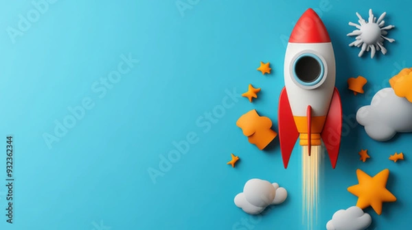 Fototapeta A colorful toy rocket surrounded by stars and clouds, launching on a bright blue background, representing creativity and imagination.