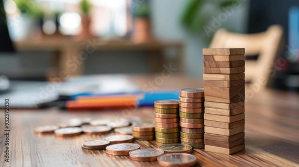 Fototapeta Stacked coins and wooden blocks on a table in an office setting, symbolizing financial growth, investment, and strategy.