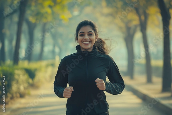 Fototapeta A woman is running in a park with a smile on her face