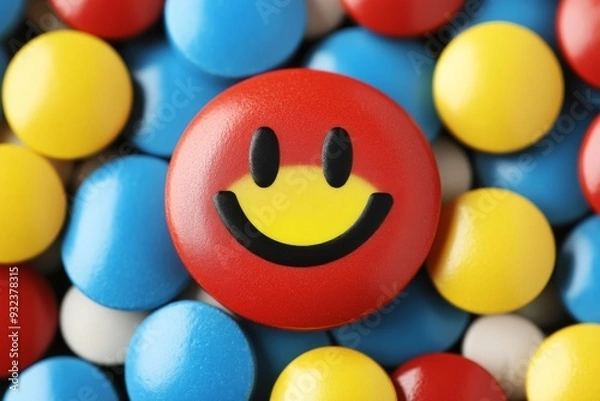 Fototapeta Smiling pill character with a round face among colorful capsules symbolizing health happiness and positivity in a vibrant and cheerful design