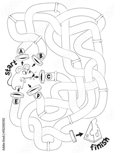 Obraz Help the mouse through the labyrinth. Children logic game to pass the maze. Educational game for kids. Attention task. Choose right path. Funny cartoon character. Worksheet page. Coloring book