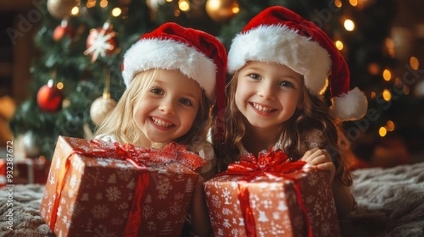 Fototapeta Merry Christmas at home with two happy little girls and a holiday tree.