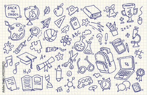 Obraz School doodles on notebook sheet. Back to school. School supplies and elements are drawn on a notebook page. Hand-drawn vector illustrations.